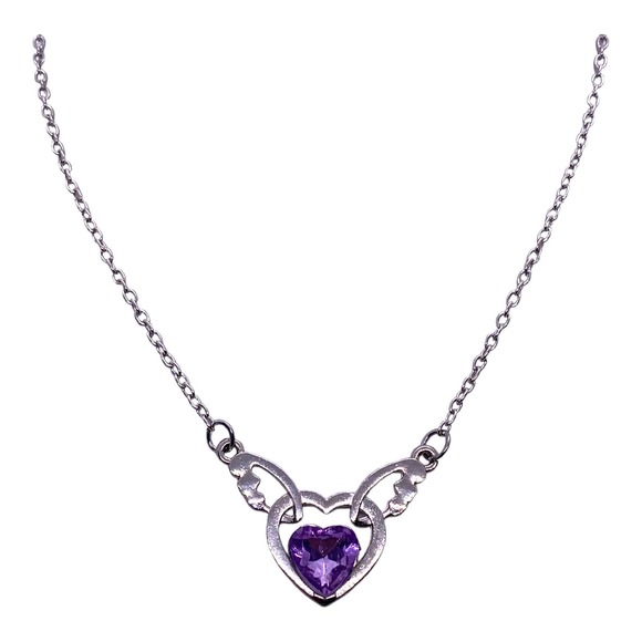 Imitation Purple Amethyst Cubic Zirconia Angel Wings Heart Necklace Gift Box - Picture 6 of 9